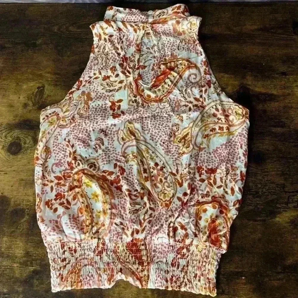 Cynthia Rowley Paisley Boho Mock Neck Smocked Waist Top in Cream/Orange, XS. NWT - Picture 4 of 9